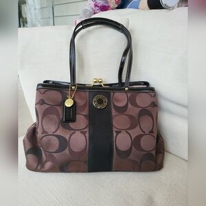 Coach Brown Signature Canvas Tote with Black Trim